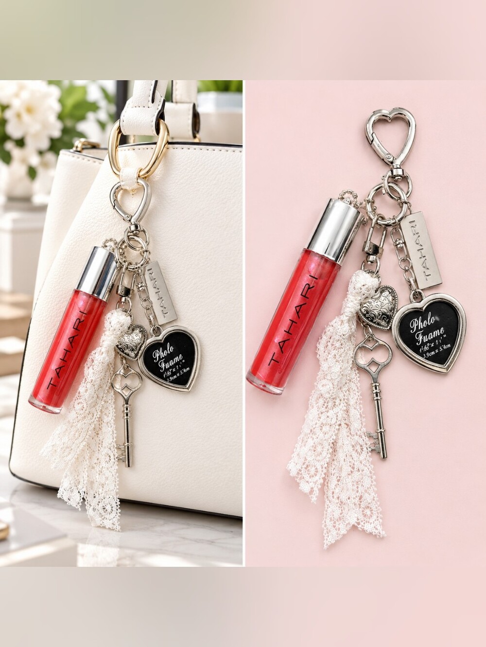 Tahari Silver Heart Charm Keychain Bag Charm with Lip Gloss
